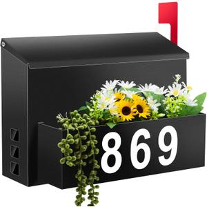 Wall-Mount Mailbox with Flag, Large Capacity Mailboxes for Outside House with Planter & 3 Sets of 0-9 Mailbox Number Stickers, Galvanized Steel Rust-Proof Post Box Metal Mail Box, 13.8"W*9.8"H*3.9"D (Black)