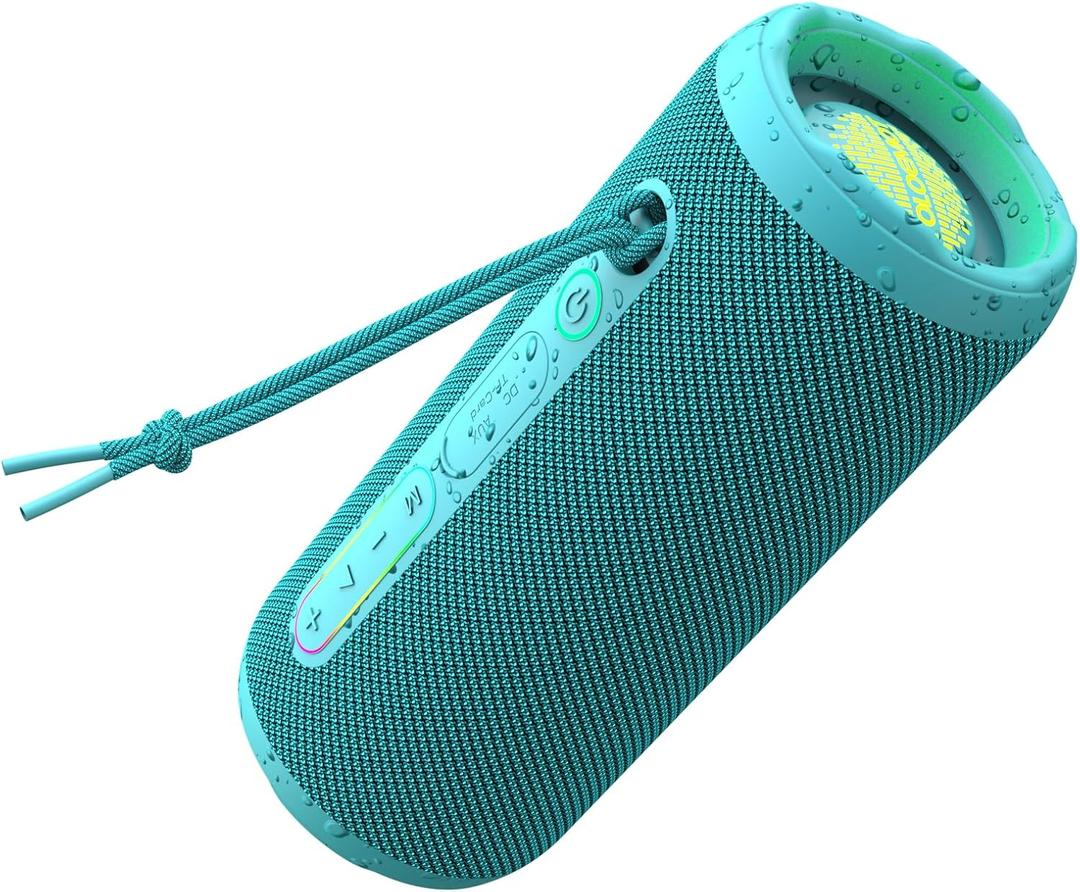 Bluetooth Bass Speaker 24W Loud Stereo Sound, Deep Bass, TWS Pairing, IPX7 Waterproof Dustproof,12H Playtime, RGB Light, Bluetooth Speakers Outdoor for Travel, Sport, Party, Biking (Teal)