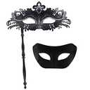 IETANG Couple Mask Half Venetian Masquerade Ball Mask Party Costume Accessory (on Stick-black)