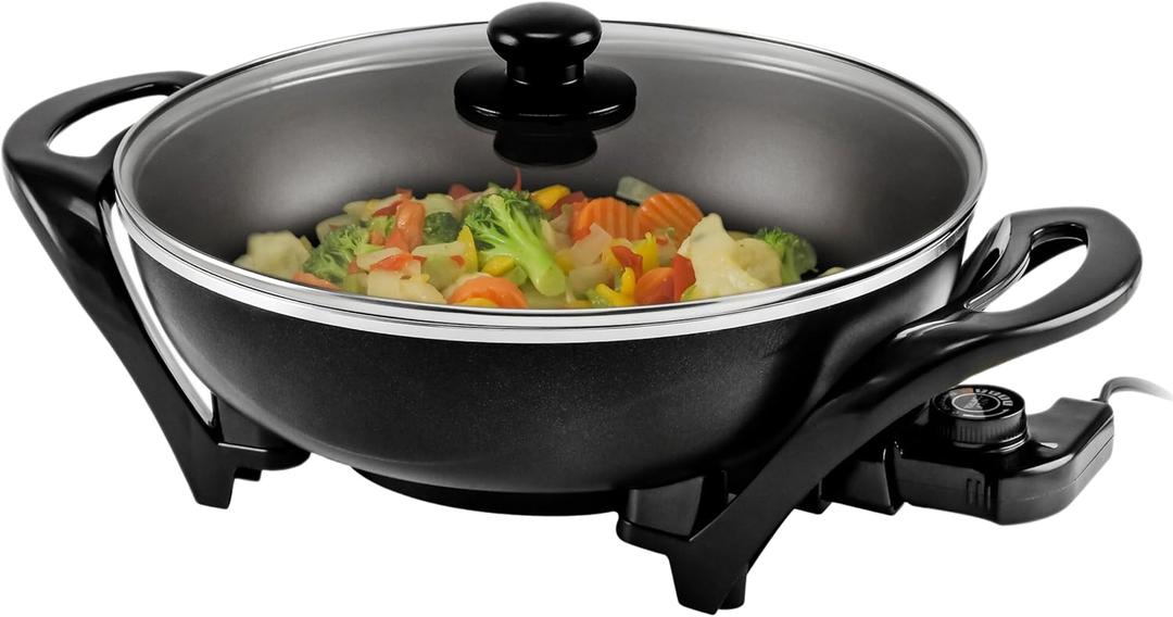 OVENTE Electric Wok with Nonstick Coating, 13 Inch Family-Sized Skillet, 1400W Power, Adjustable Temperature, Tempered Glass Lid, Cool Touch Handles and Easy to Clean Frying Surface, Black SK3113B