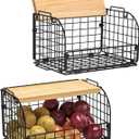 2 Set Stackable Wire Basket with Openable Top, Kitchen Counter, Pantry Organizer and Storage Produce Onion Potato Fruits Vegs Bread Food Snack Spice Organizing Bin for Cabinet Shelf Countertop Floor, 12"D x 9"W x 8.45"H