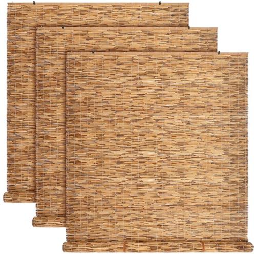 DoubleFill 3 Pcs Bamboo Shades Outdoor Reed Roll Up Blinds 48" W x 72" H Blackout Sunshade Cordless Bamboo Blinds for Home Porch, Patio & Windows Decor Shutters Sunlight Privacy Screen(Carbon Brown)