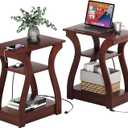 FROMJBEST End Tables Living Room Set of 2,Cherry End Table with Charging Station,Side Table, Nightstand for Bedroom, 3 Tier End Table with Storage Shelf for Living Room(Cherry)