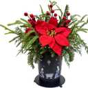 Lighted Christmas Centerpiece Metal Potted with Timer Christmas Nativity Scene Black Metal Base with Xmas Poinsettia Pine Needles Red Berries for Table Centerpiece Holiday Xmas Decor