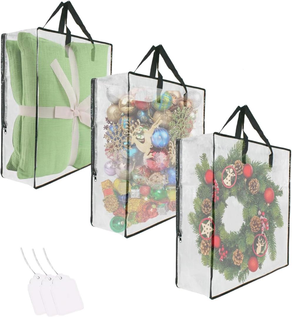 3 Pack Clear Bags with Zipper and Handles, Halloween Christmas Wreath Storage, Gift Bag Organizer, Moving Boxes Alternative, Under the Bed Storage (Black)