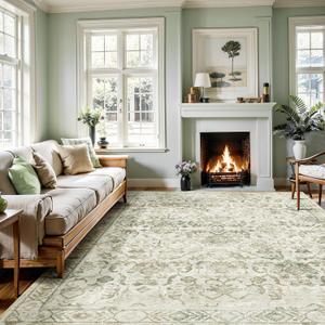 Vintage Living Room Area Rug 5x7 for Dining Room, Washable Distressed Farmhouse Soft Thin Non-Shedding Indoor Throw Rug, Traditional Accent Floral Print Beige Green Carpet for Bedroom Kitchen Office