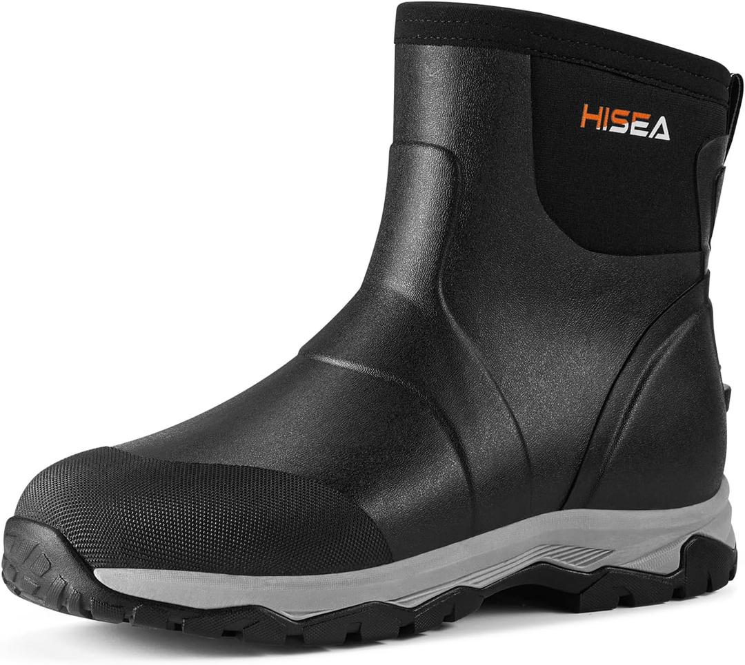 HISEA Upgraded Excursion Pro Men's Rain Boots, Ankle Height Rubber Hunting Boots Waterproof Insulated Neoprene Boots Durable Outdoor Mud Booties for Hunting Gardening Farming Fishing and Yard Work (11, Black)