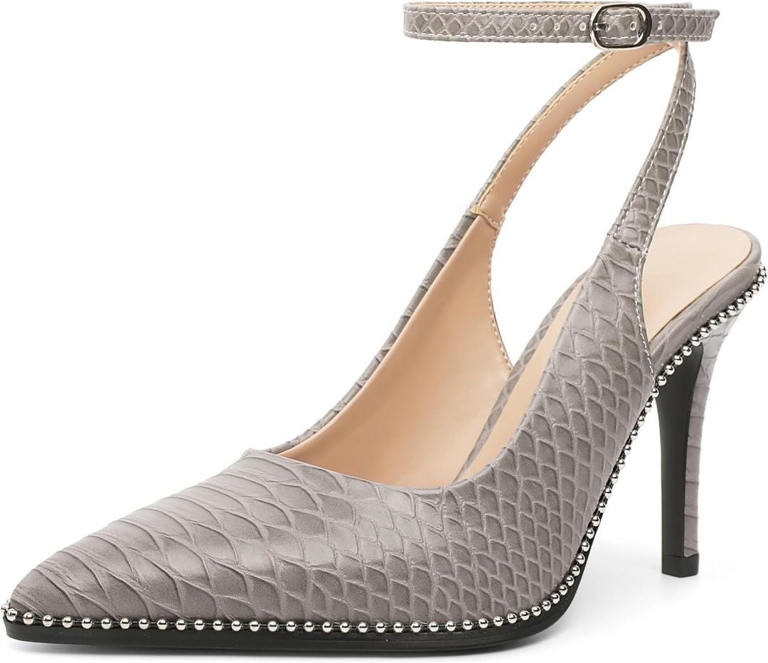 Soireelady Women's Slingback Heels Ankle Strap Pointed Toe Stilettos High Heel Beaded Pumps Dress Shoes 3.5 Inches (10)