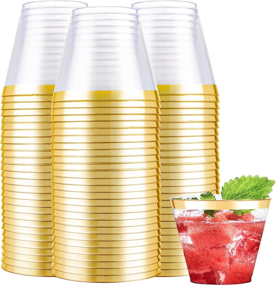 Nervure 240PCS Gold Plastic Cups - 9Oz Gold Rimmed Plastic Cups - Heavy Duty Disposable Clear Cup with Gold Rim Perfect for Weddings, Receptions & Parties