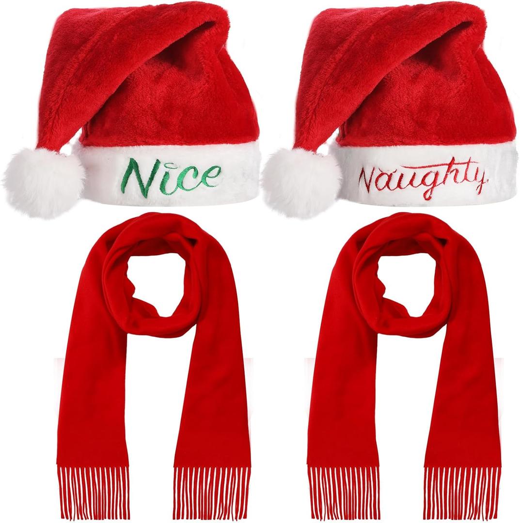 Haysandy 4 Pcs Naughty and Nice Plush Christmas Santa Hats with Scarfs for Holiday Xmas New Year (Red)