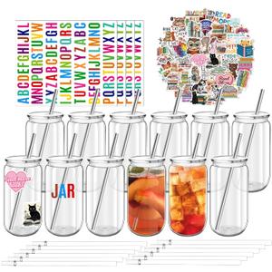 16 oz Clear Plastic Cups Reusable with Lids and Straws & DIY Sticker, 12Pack Acrylic Mason Jars Iced Coffee Drinking Glasses Cup for Park Picnic, Poolside, Party Giveaways