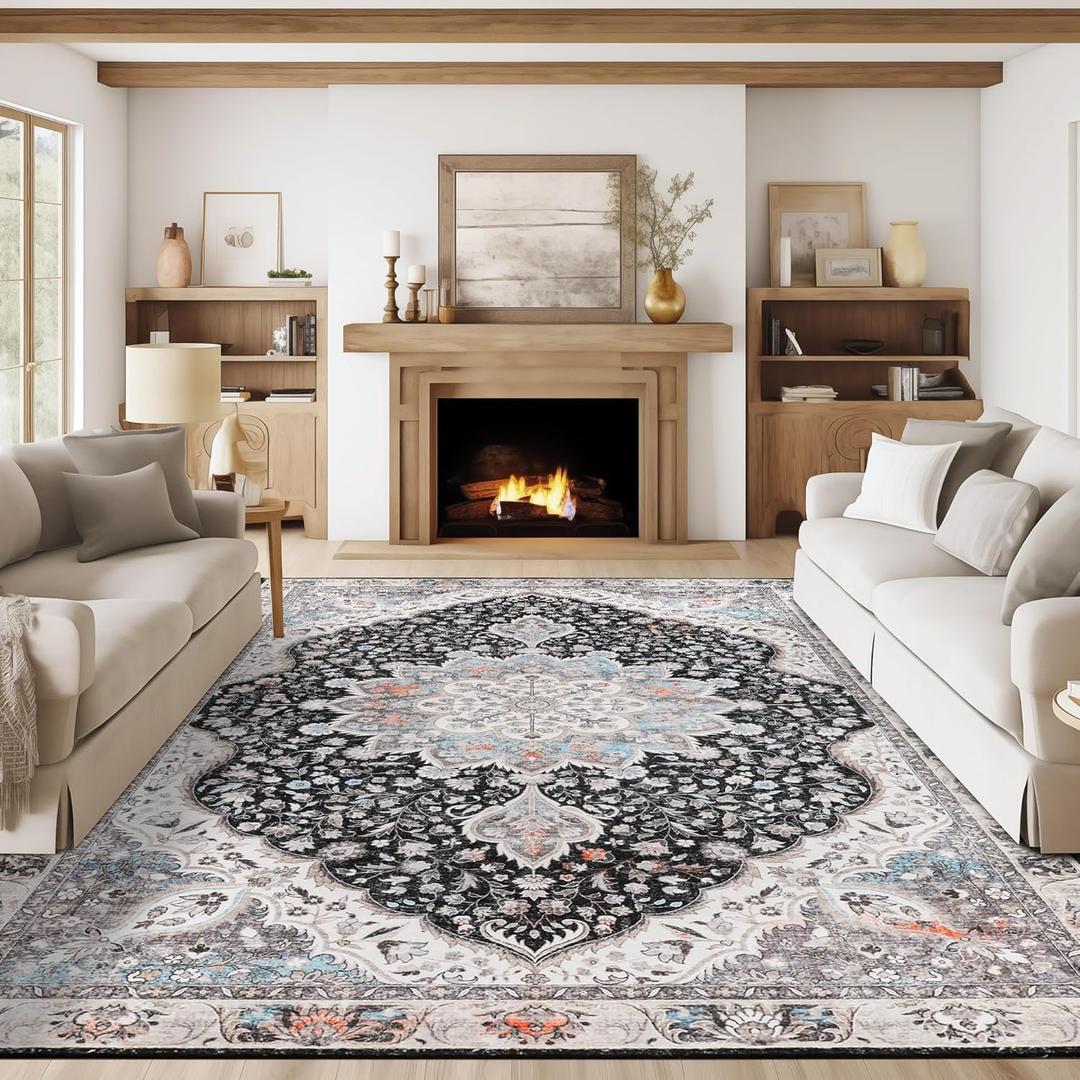 Washable Rug 8x10 Area Rugs for Living Room - Stain Resistant Non-Slip Backing Rugs for Bedroom - Vintage Large Area Rug (Drak Grey/Multi, 8'x10') (8ft x 10ft (Rectangular))