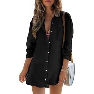 Womens Beach Cover Up Button Down Shirts Summer Cotton Gauze Tops Long Sleeve Bikini Swimsuit Size Small, Black 