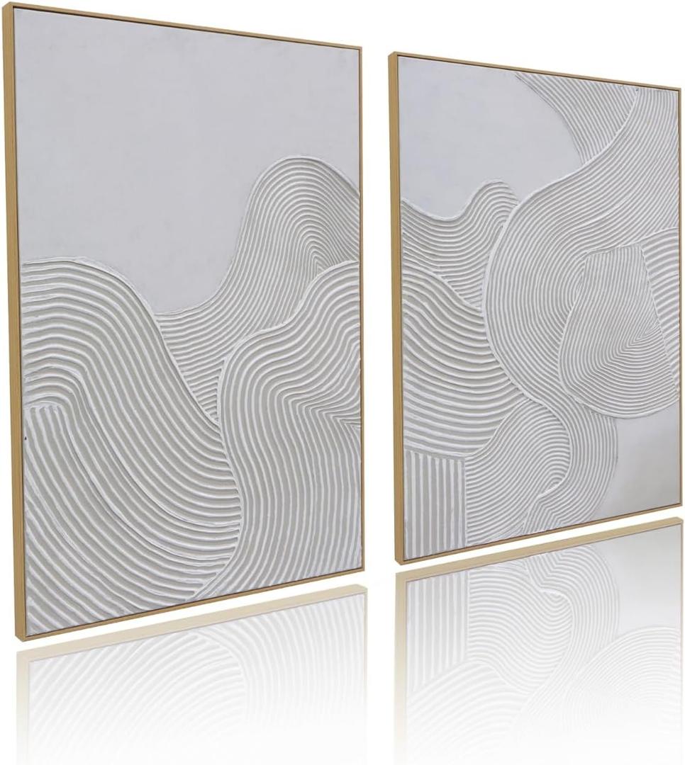 Framed Neutral Abstract Wall-Art Painting - Large Abstract Canvas Wall Decor 3D Curve Illustrations Hand painting for Living Room, Bedroom, Office - 2 Piece 28 x 40 Inch, Ready to Hang (Tan)