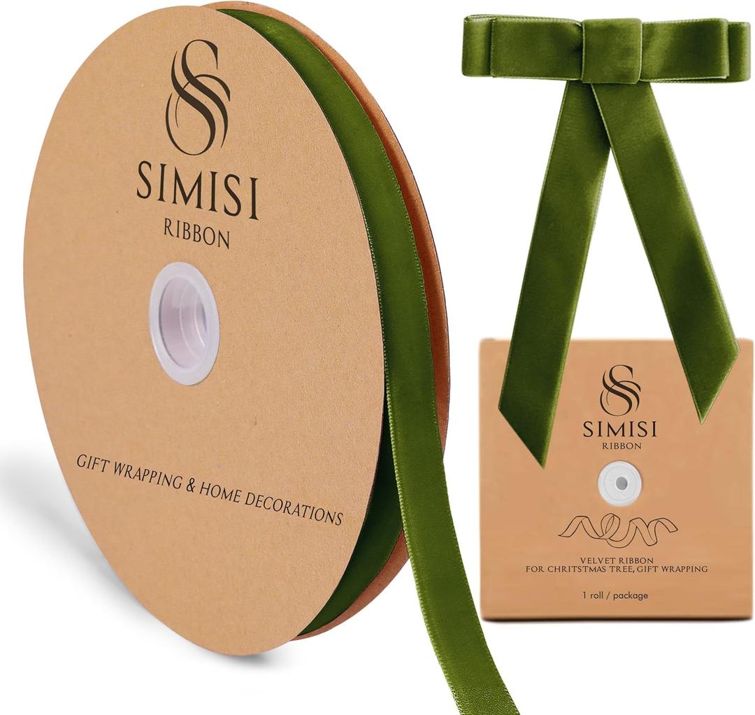 Olive Green Velvet Ribbon 5/8'' 25 Yards for Christmas Tree, Gift Wrapping, Flower Bouquet, Wreath Decorations, Bow Making (0.625 x 900 in)