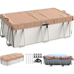 LXKCKJ 7x13 FT Rectangular Pool Cover for Above Ground Pool, Solar Oval Pool Cover Protection with Tensioner, Ideal for Rectangular/Oval Frame Pool Waterproof & UV-Resistant (Brown)
