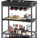Bar Cart Serving Wine 3 Tier Home Rolling Rack with Wheels Mobile Kitchen Industrial Vintage Style Wood Metal Serving Trolley Serving Cart, Drink Cart for Living Room Kitchen (Black)