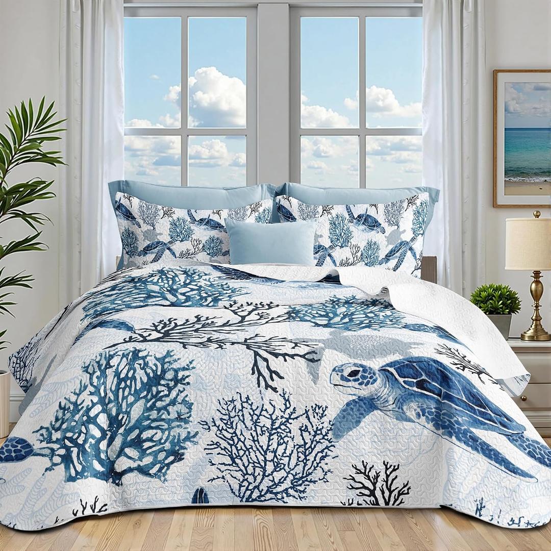 weesire Coastal Bedding California King Size Coastal Quilt with 2 Shams, Nautical Beach Comforter Sets Ocean Bedspreads Blue Seaturtle Coverlet Summer Bedding, 106''x118''