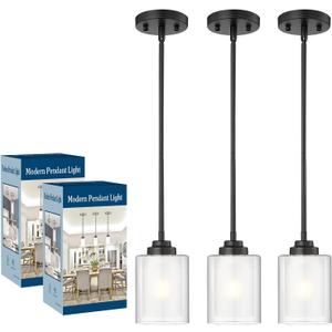 TENGXIN Modern Pendant Light, Matte Black Pendant Lights Kitchen Island,Farmhouse Pendant Lighting for Dining Room Bedroom Bar Office,TXPLBK02,TXPLBK02-2PK