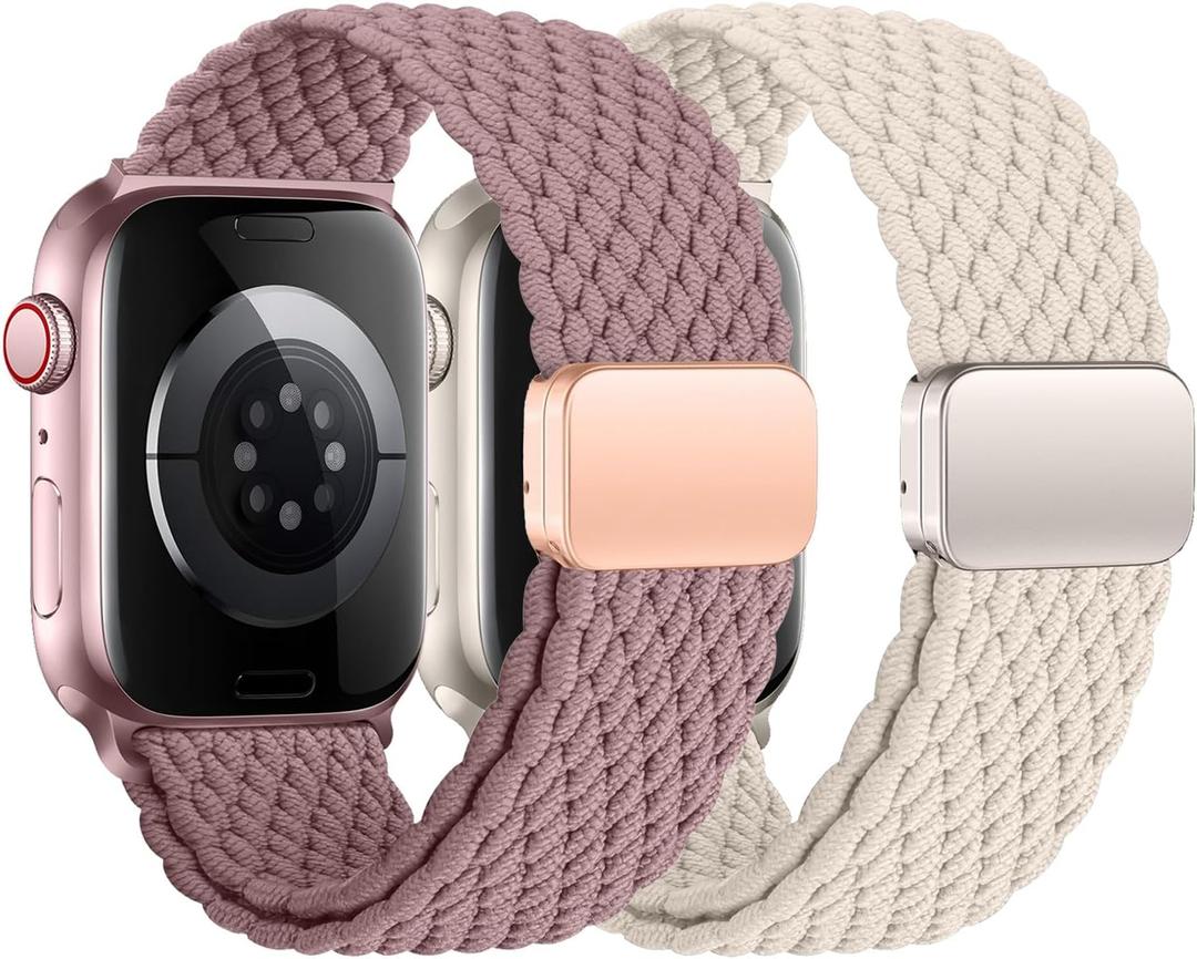 2Pcs Magnetic Braided for Apple Watch Band 41mm 40mm 45mm 44mm Ultra/3/2 49mm 38mm 46mm 42mm Women/Men,Stretchy Elastic Nylon Sport Loop Strap for iWatch Bands series 11 10 9 8 7 6 5 4 3 se 3/2 40 44 (A04-Starlight/Smoke violet)