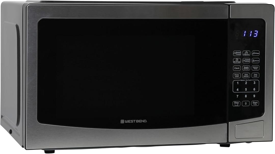 West Bend Microwave Oven 1000-Watts Compact with 6 Pre-Set Cooking Settings, Time and Weight Defrost, Electronic Control Panel and Glass Turntable, 1.1 Cu.Ft., Stainless Steel