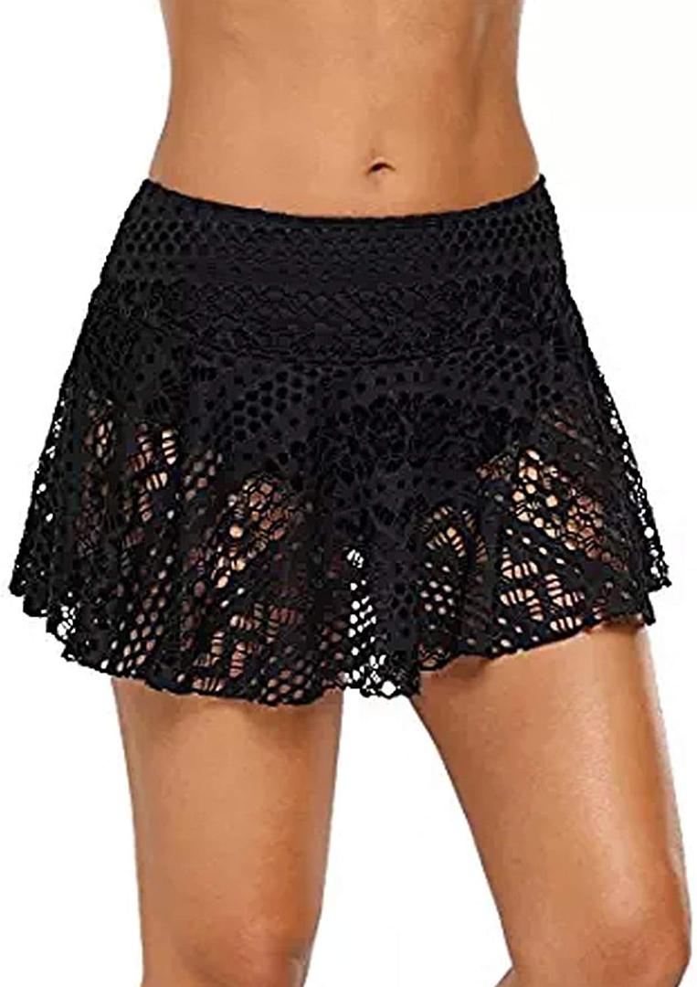 Lopie Women Lace Crochet Swim Skirt Bikini Bottom Swimsuit Board Shorts Skort Swimdress (Large, Black)