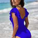 Sovoyontee Women's Ruffle One Piece Swimsuit Tummy Control Bathing Suits Drawstring Cutout V Neck Swimwear (Blue, S)