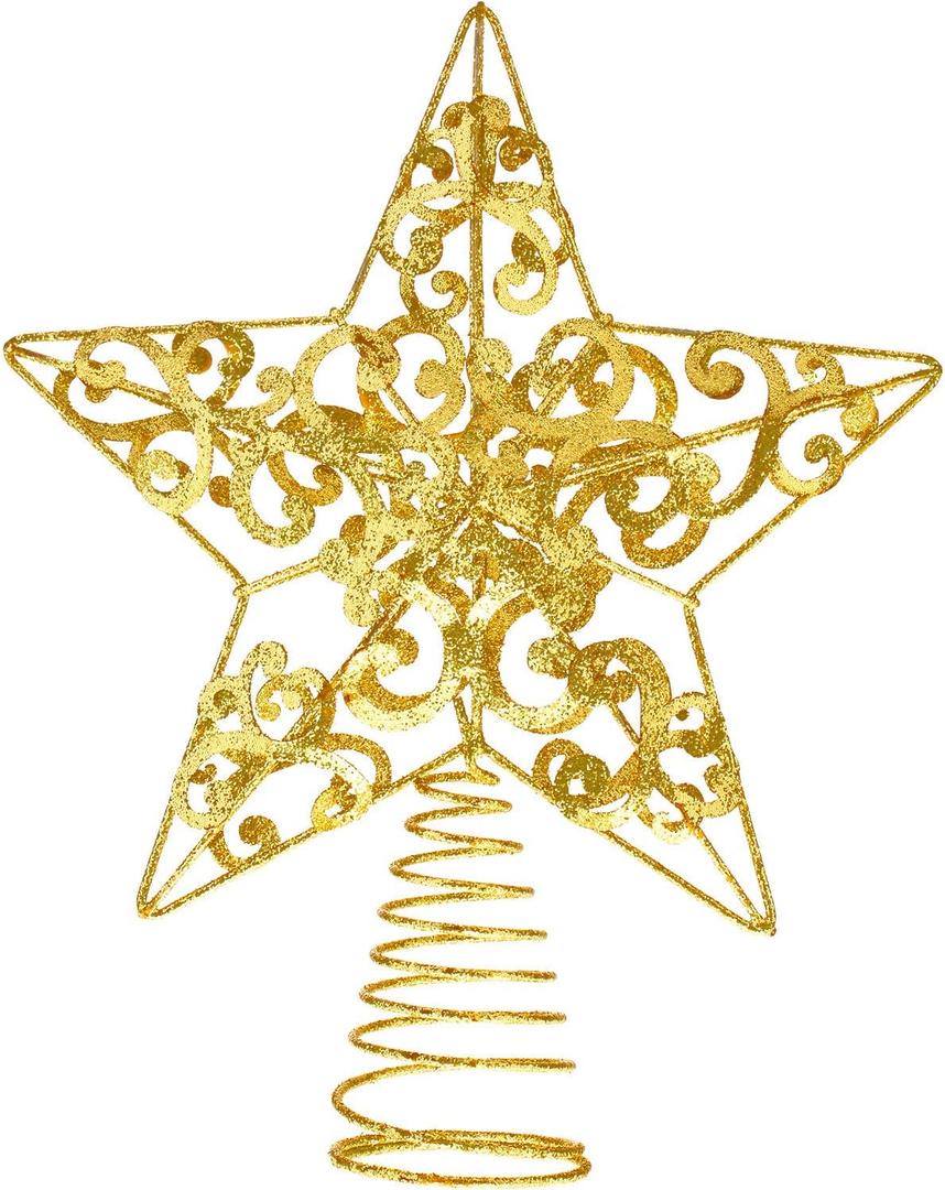 Blulu Christmas Star Tree Topper 10 Inch Glittered 3D Metal Star Treetop Topper Christmas Hollow Sequin Tree Decoration for Xmas Holiday Party Decoration Indoor(Gold)