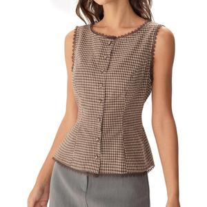 RIHOAS Women's Brown Plaid Sleeveless Button Down Blouse - Lace Trim Fitted Waist Business Casual Work Tops for Spring Summer, XS