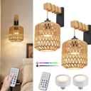 Boho Battery Operated Wall Sconce Set of Two, Rattan Rechargeable Wall Sconces with Remote,Wireless Sconces Set of 2 for Bedroom,Living Room,Entryway 15 Colors Dimmable-Black