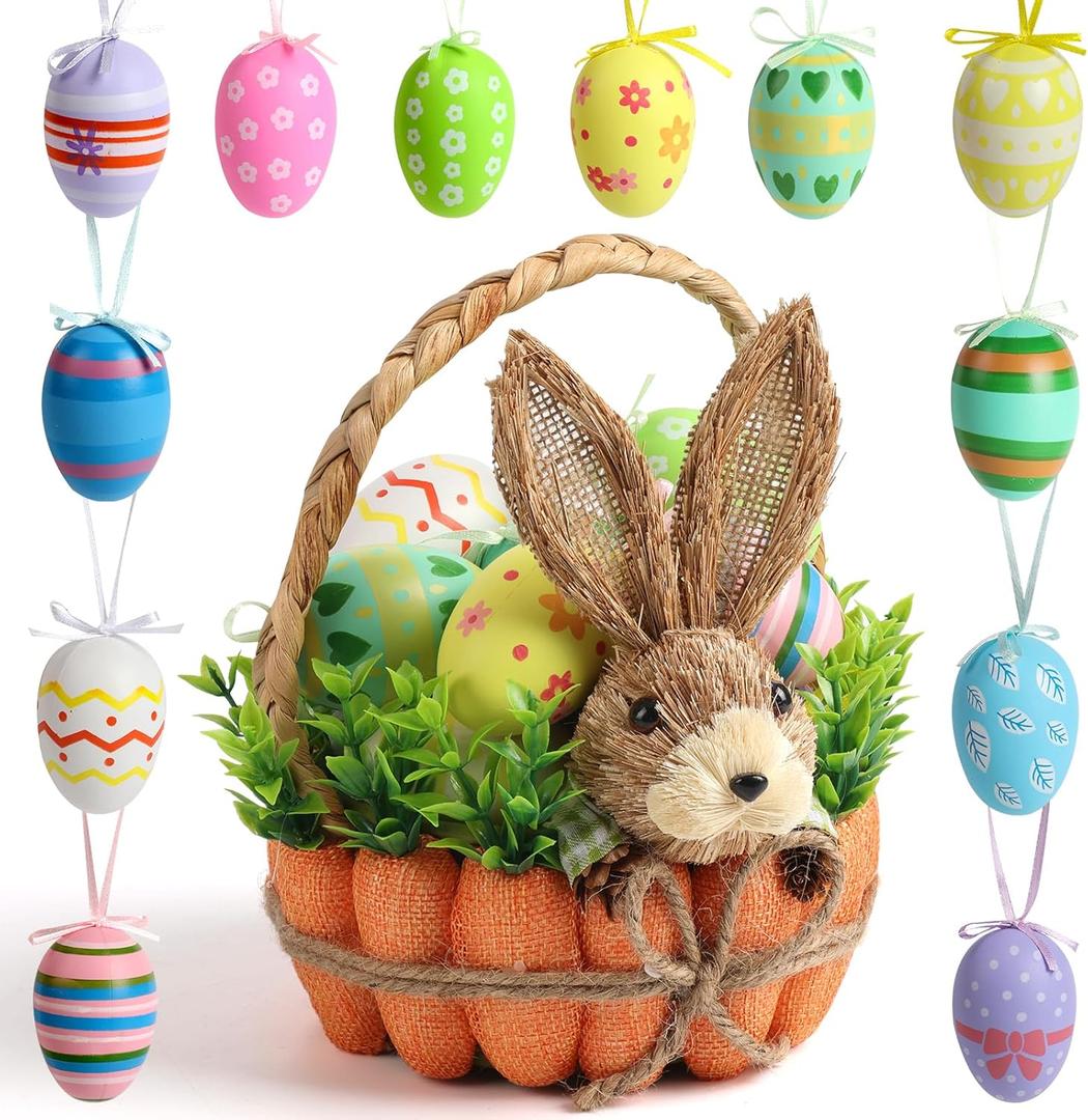 Easter Basket Decoration with Handle, Handmade Straw Bunnies, 12 Hanging Easter Eggs,Carrot Baskets for Easter Egg Candy Storage, Spring and Easter Home Table Decor, Mantle Centerpiece