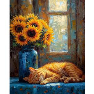 Fountor Paint by Numbers Kit for Adults Beginner, Sunflower Cat Adult Paint by Number Kits on Canvas Without Frame, Cat Sunflowers Oil Paint by Numbers for Home Decor Gift 16 W x 20L (Frameless, LO718)