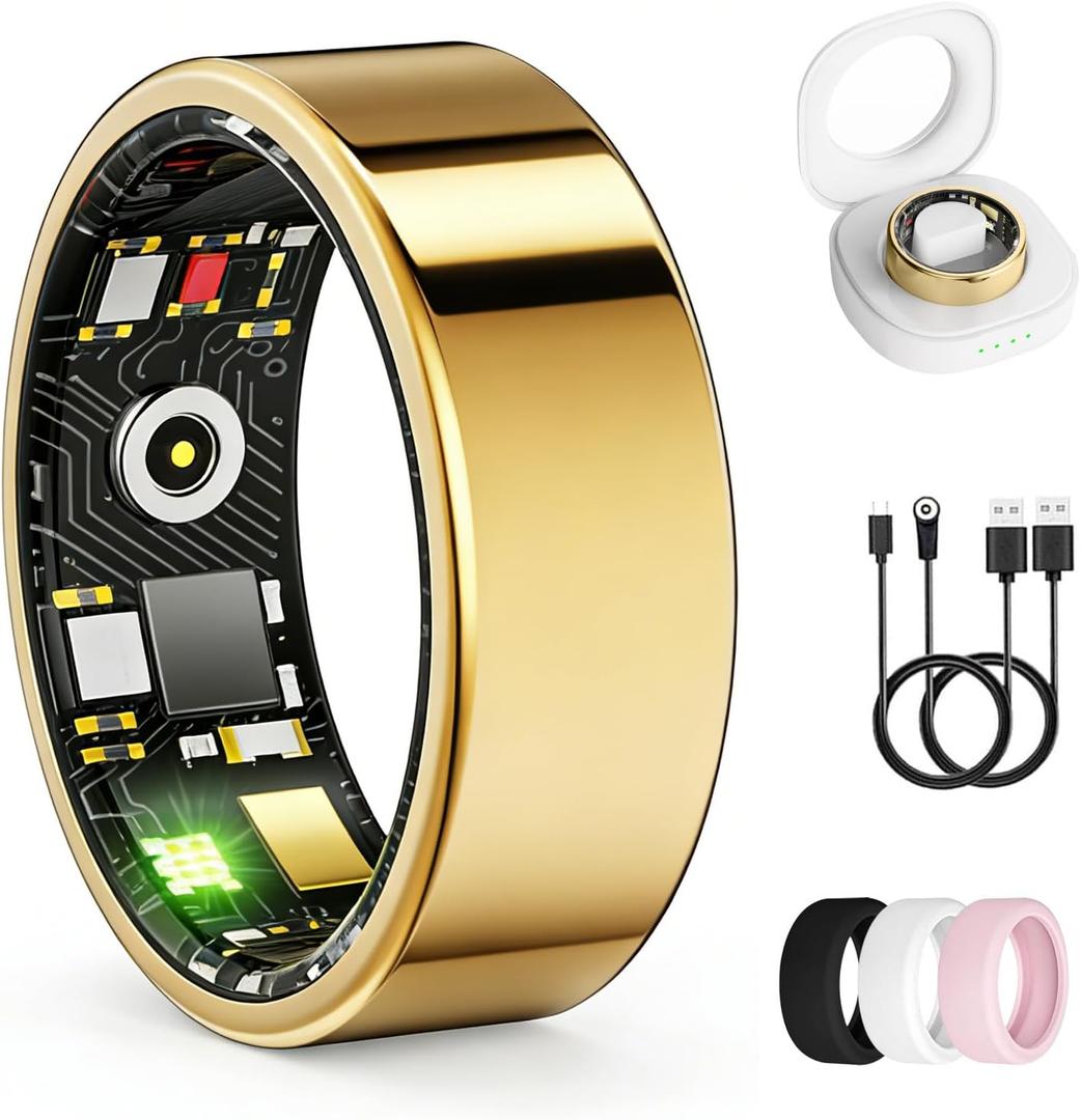 Smart Ring for Women & Men, Health Tracker Ring with Heart Rate, Blood Oxygen,Blood Pressure, IP68 Waterproof Fitness Ring, Sleep Tracker for iPhone and Android, No APP Fee (Gold, 7#)