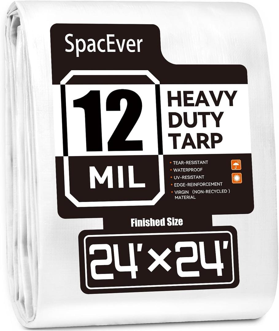 Tarp Heavy Duty 24x24 FT, 12 Mil Thick Large Tarps Water-Proof with Grommets, UV& Tear Resistant, Plastic Cover for Pool Roof Tent Outdoor Firewood, White