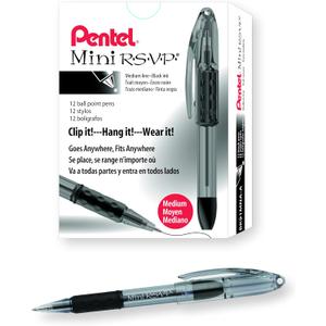 Pentel RSVP Mini Ballpoint Pen, (1.0mm) Medium Line, Black Ink, Box of 12 (BK91MNA-A)