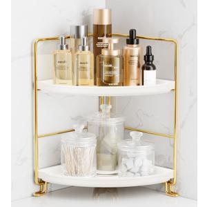 FSyueyun 2-Tier Corner Bathroom Counter Organizer, Tool-Less Installation Vanity Shelf Small Plastics Countertop Makeup Tray Skincare Perfume Organizers (Gold)