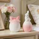 DN DECONATION Easter Decorations Bunny and Egg Figurines Set, Pink to White Gradient Easter Spring Home Decor, Ceramic Rabbit Egg Sculpture for Farmhouse Tabletop Centerpiece Wedding Gifts 2PCS