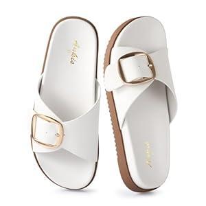 Brown Black White Flat Sandals for Women 2025,Wide Width Leather Sandals for Women Comfortable Dressy,Womens Summer Beach Sandals with Adjustable Strap and Buckle