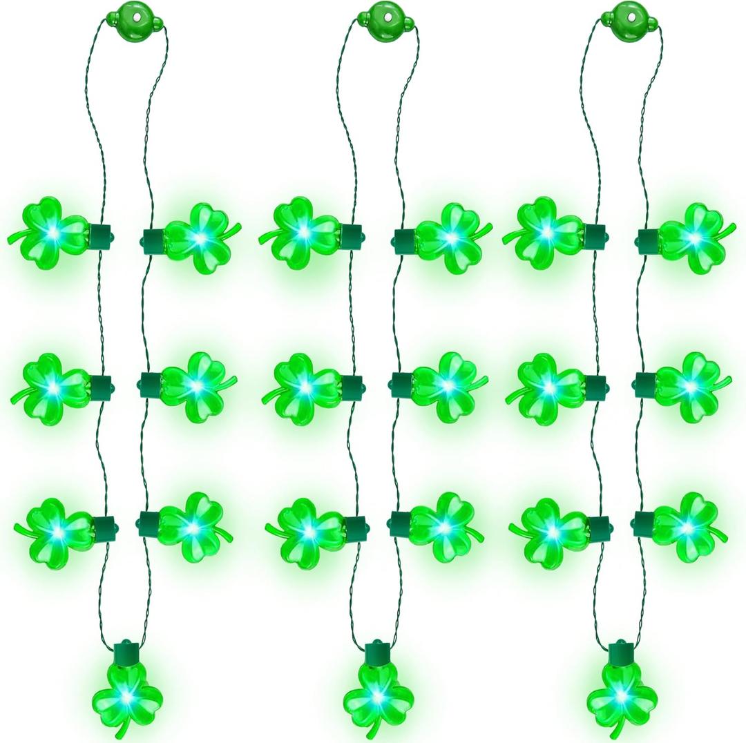 JOYIN 3 PCS St Patrick's Day Light Up Necklaces,Green Shamrock Bulb Necklace for Costume Dressing-up Accessories Saint Patricks Decorations Party Favor Supplies
