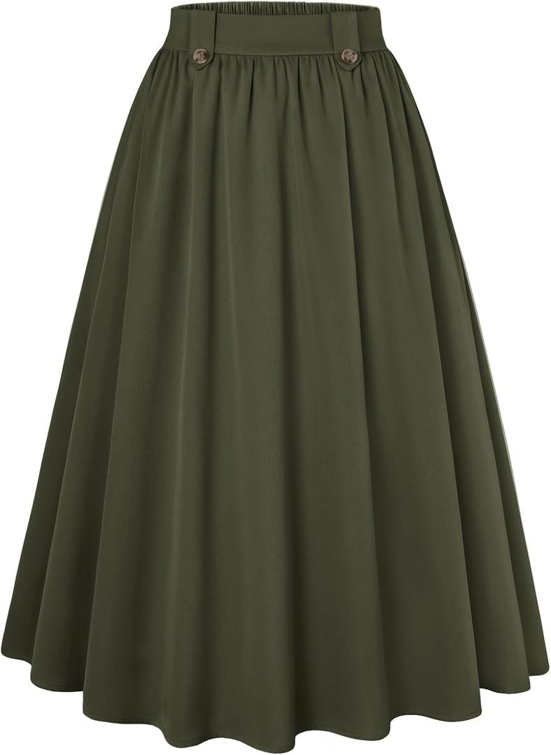 Belle Poque Women's Midi Skirt with Pockets Vintage A Line High Waisted Flowy Pleated Swing Skirts for Office (Green, XXL)