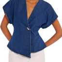 Floerns Women's Asymmetrical Denim Blouses Button Dolman Sleeve Wrap V Neck Jeans Tops