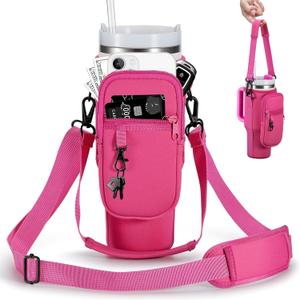 Bottle Carrier Bag with Phone Pocket for Stanley 40 & 30 oz Tumbler with Handle,Pink Insulated Neoprene Cup Holder Pouch w/Adjustable Strap for Quencher H2.0 Stanley Cup Accessories