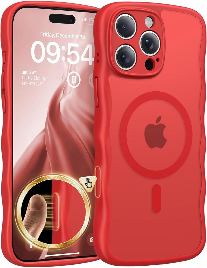 TAURI Magnetic for iPhone 16 Pro Max Case, Cute Wavy Design [Full Camera Protection] [Compatible with Magsafe] Anti-Slip Translucent Matte Case for iPhone 16 Pro Max for Women Girls, Bright Red
