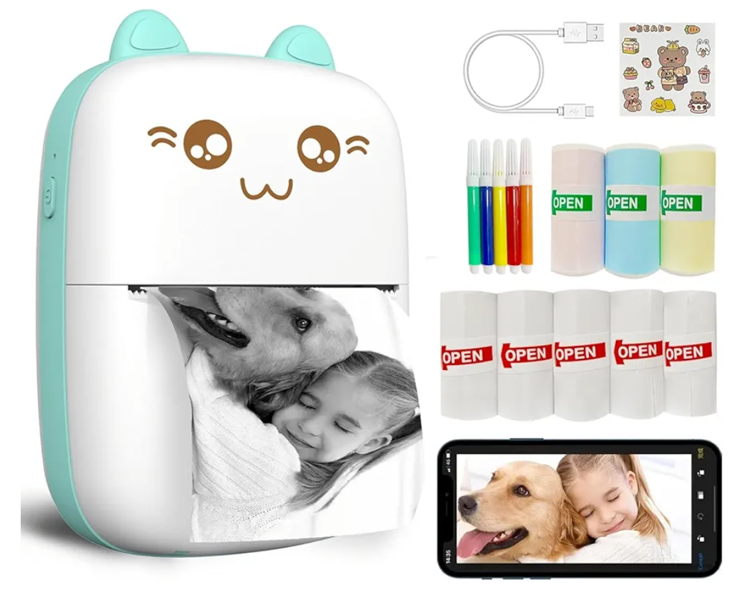 Mini Printer Portable, Inkless Sticker printer with 8 Rolls Paper, Bluetooth Wireless mini thermal printer Compatible with iOS + Android for Journal, Memo, Photo, Print Pod Gifts for Girls Kids