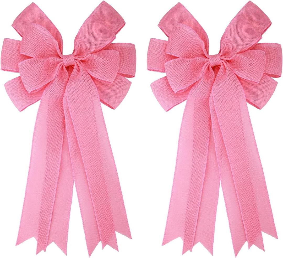 Meseey 2 Pcs 20 x 10 Inch Large Pink Burlap Bows, Wired Edge Premade Burlap Bows for Wreaths, Front Door Decor, Easter Decorations, Tree Topper, Gift Wrapping, Wedding and Baby Shower Decor