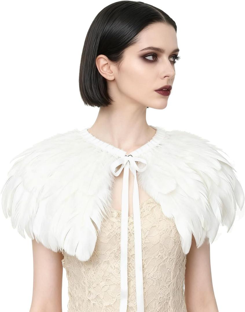 L'VOW Fashion Feather Cape Stole Black White Beige Shawl Burning Man Costumes