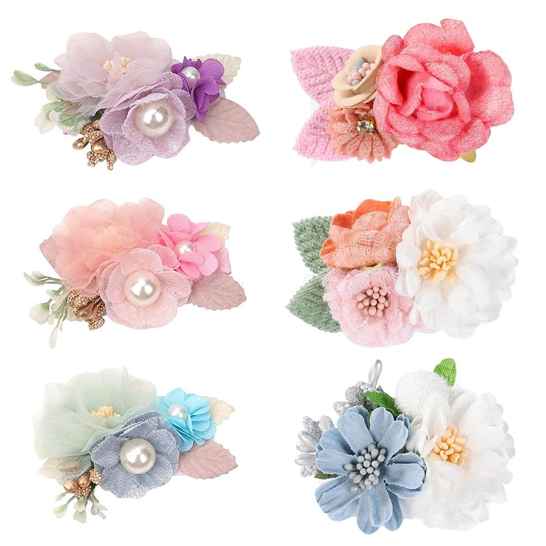 6Pcs Flower Clips Set Hair Accessories for Little Girls, Floral Hair Bow for Baby Toddlers Teen Girls Gifts (Flower Style-E)