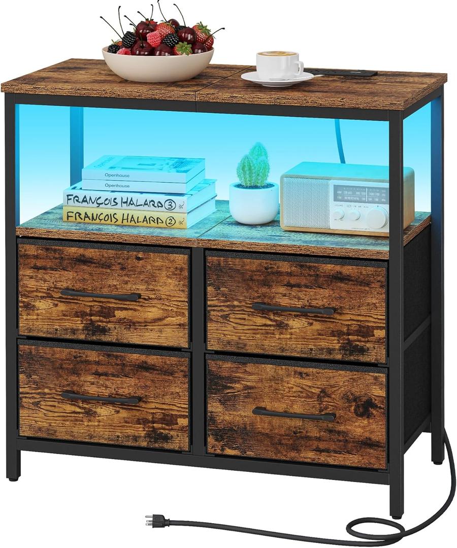 TUTOTAK LED Night Stand with Charging Station, Large Nightstand with USB and Type-C Port, Bedside Table with Cloth Drawers, End Table for Livingroom, Bedroom, Brown TB01BB081L (11.4"D x 25.2"W x 24.4"H)