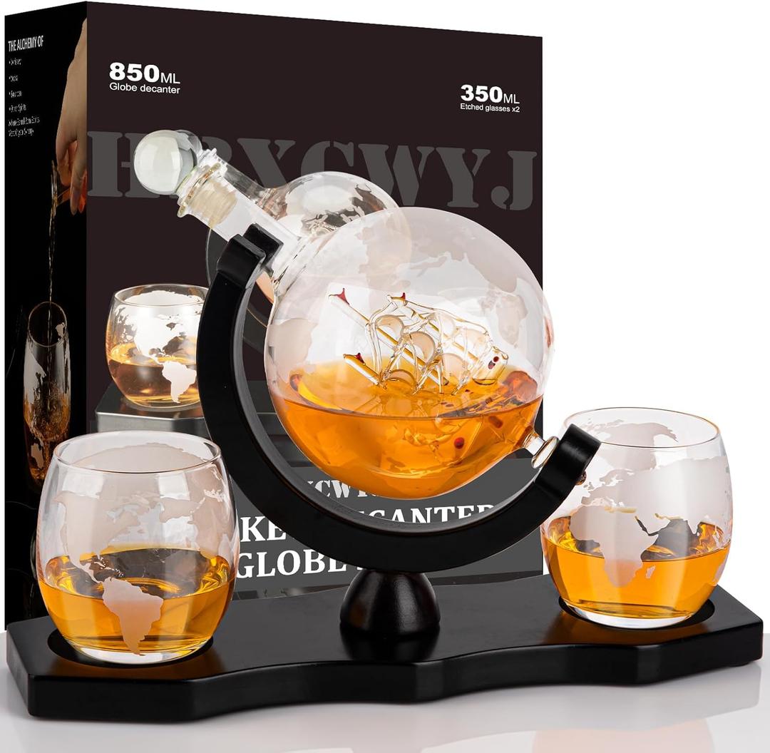 Gifts for Men Dad Husband, Whiskey Decanter Globe Set with 2 Glasses & Walnut Tray-Great Gift Idea for Whisky, Bourbon,or Scotch lovers, Must-Have Holiday Stocking Fillers