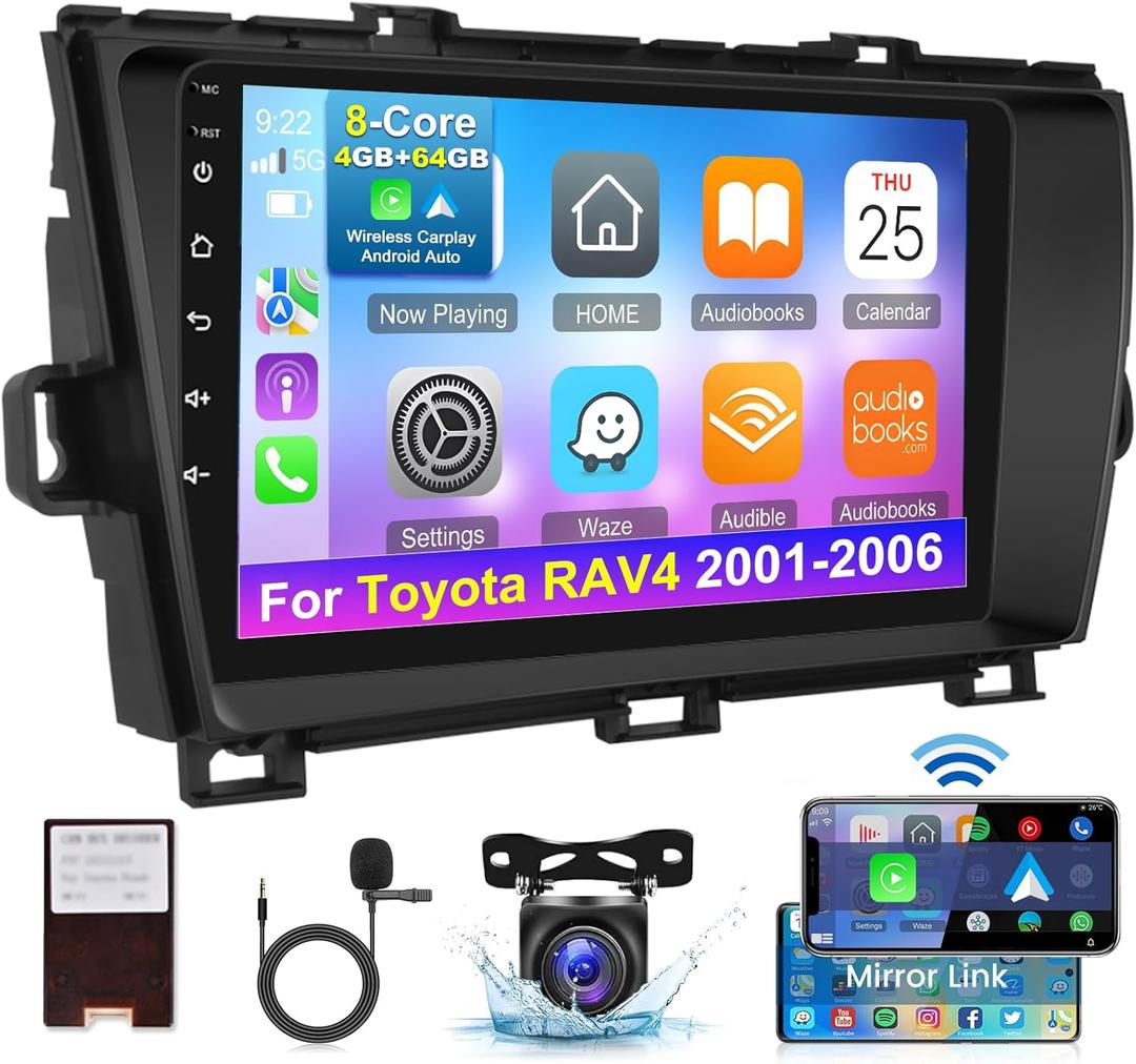 [8 Core 4+64G] Car Radio for Toyota Prius 2010-2015 - Wireless Carplay and Android Auto - 9 Inch 1280 * 720 IPS Touchscreen Android 13 Stereo - DSP 32EQ / GPS/WiFi/Canbus + AHD Backup Camera